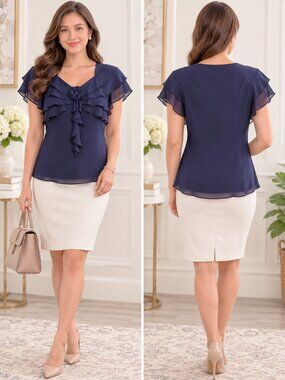 Jacques Vert Navy Ruffle Chiffon Blouse Floral Rosette Size 10